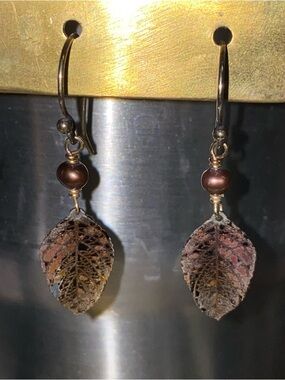 Holly Yashi Handcrafted Bronze-Tone Leaf Drop Earrings with Brown Pearl Accent